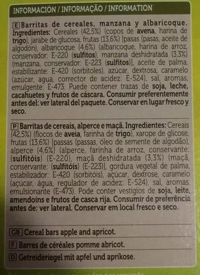 Lista de ingredientes del producto Barritas de Cereales. Manzana y albaricoque Spar 6 x 25 g