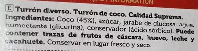 Lista de ingredientes del producto Turrón coco Spar 250 g