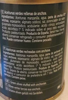 Lista de ingredientes del producto 3X120 G-aceitunas Rellenas Spar 