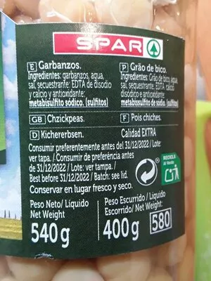 Lista de ingredientes del producto Garbanzos cocidos extra Spar 