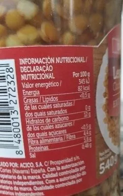 Lista de ingredientes del producto lentejas cocidas extra Spar 