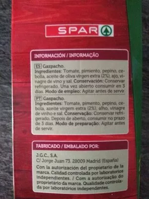 Lista de ingredientes del producto Gazpacho tradicional Spar 