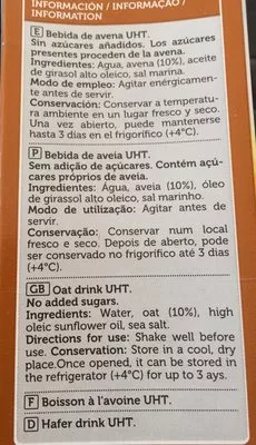 Lista de ingredientes del producto Bebida de avena sin azucares añadidos Spar 1 L