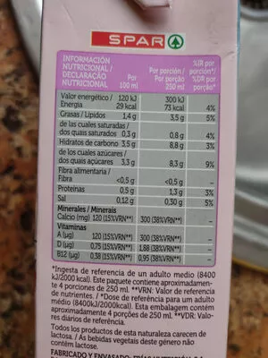 Lista de ingredientes del producto Bebida de almendras con calcio Spar 