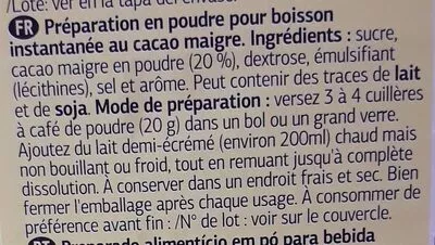 Lista de ingredientes del producto Boisson Cacaotée Dia 800g