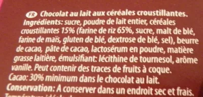 Lista de ingredientes del producto Chocolat au lait aux céréales croustillantes Dia Dia 100 g