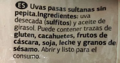 Lista de ingredientes del producto Pasas sultanas Dia 200g