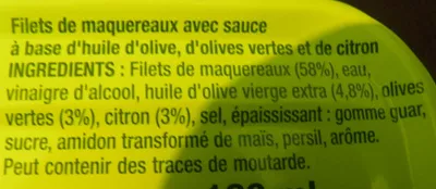 Lista de ingredientes del producto Filets de maquereaux (sauce olives-citron) Dia 169 g, 180 ml