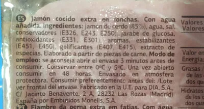 Lista de ingredientes del producto Jamón cocido extra Dia 2 x 125 g