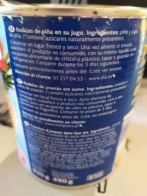 Lista de ingredientes del producto Piña en su jugo Dia 