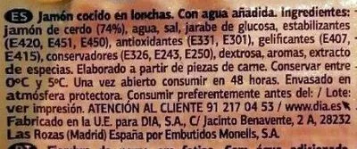 Lista de ingredientes del producto Jamón cocido Dia 