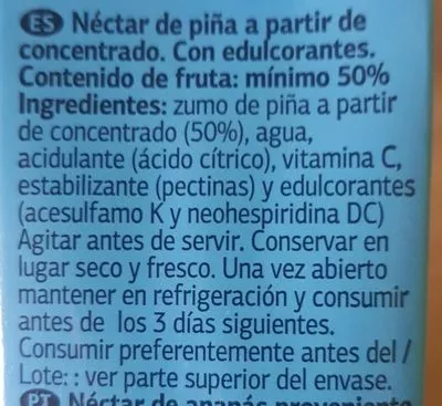 Lista de ingredientes del producto Néctar light piña Dia 1 l