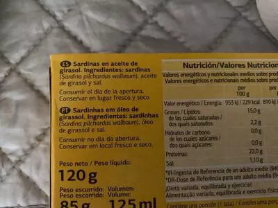 Lista de ingredientes del producto Sardines En Aceite Végétal Dia 120 g