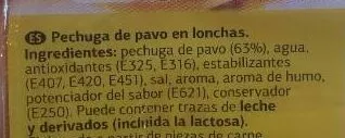 Lista de ingredientes del producto Pechuga de pavo braseada Dia 2 x 100 g