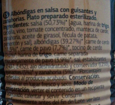 Lista de ingredientes del producto Albóndigas Dia 420 g