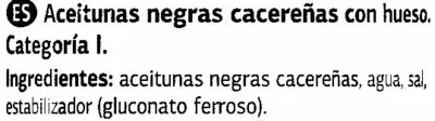 Lista de ingredientes del producto Aceituna negra con hueso Dia 350 g (neto), 200 g (escurrido), 370 ml