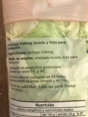 Lista de ingredientes del producto Lechuga iceberg Dia 100 g