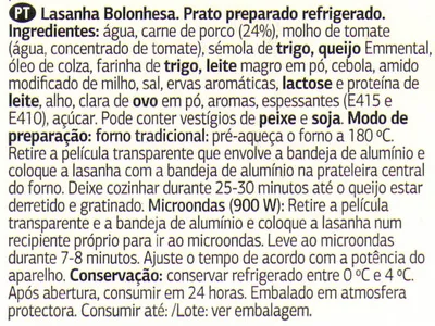 Lista de ingredientes del producto Lasanha Bolonhesa fresca Dia 1 kg