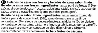 Lista de ingredientes del producto Helado de agua Dia 702 g (6 x 117 g), 660 ml (6 x 110 ml)