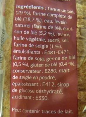 Lista de ingredientes del producto Pain de mie Complet Spécial sandwich Dia 550 g (14 tranches)