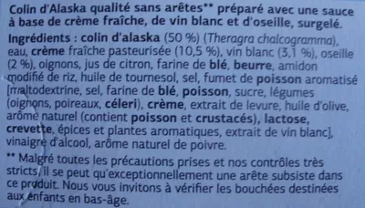 Lista de ingredientes del producto Colin d'Alaska à l'Oseille, Surgelé Dia 400 g (2 x 200 g)