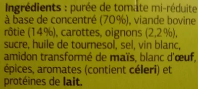 Lista de ingredientes del producto Sauce Italienne à la viande rôtie (Pur Bœuf) Dia 380 g (2 x 190 g)