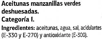 Lista de ingredientes del producto Aceituna verde Dia 780 g (neto), 400 g (escurrido), 850 ml