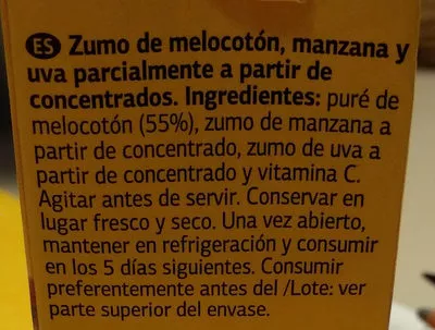 Lista de ingredientes del producto Zumo de Melocotón, Manzana y Uva Día 200 ml