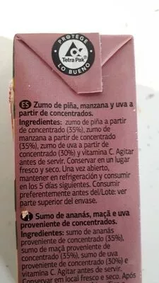 Lista de ingredientes del producto Zumo de piña manzana y uva Dia 