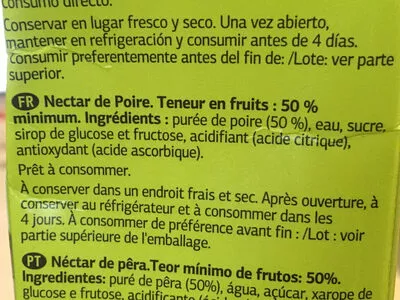 Lista de ingredientes del producto Nectar poire Dia 1 litre