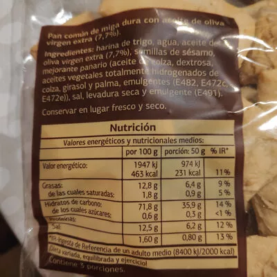 Lista de ingredientes del producto Regañá con AOVE Dia 150 gr