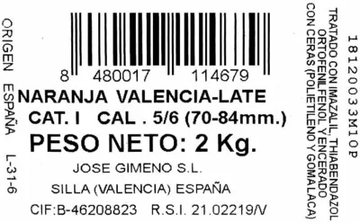 Lista de ingredientes del producto Naranjas José Gimeno 2 Kg