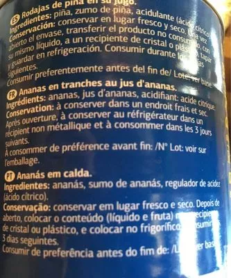 Lista de ingredientes del producto Tranches D'ananas Au Jus Dia 