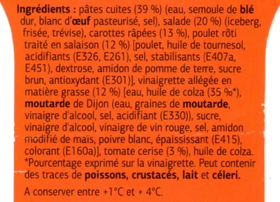 Lista de ingredientes del producto Salades et pâtes poulet Dia 250 g