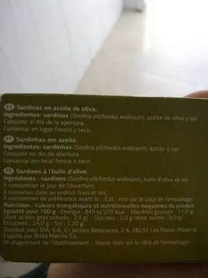 Lista de ingredientes del producto Sardinas en aceite de oliva Dia 2 unidades