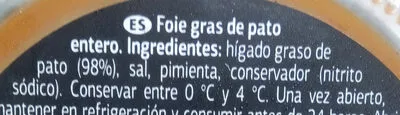 Lista de ingredientes del producto Foie gras de pato entero Dia 125 g