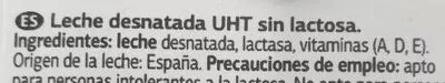 Lista de ingredientes del producto Leche desatada sin lactosa Dia 1 l