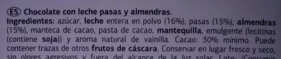 Lista de ingredientes del producto Chocolate con leche almendras enteras y pasas Dia 