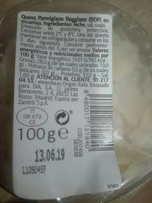 Lista de ingredientes del producto Escamas de parmigiano reggiano Dia 