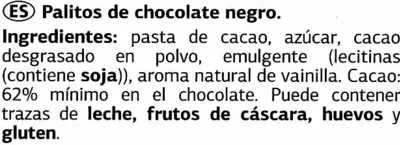 Lista de ingredientes del producto Delicious mini sticks de chocolate negro 62% cacao Dia 75 g