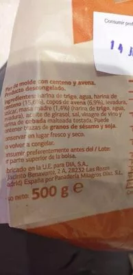 Lista de ingredientes del producto Hogaza centeno y avena Dia 500 g