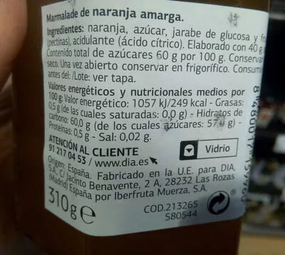 Lista de ingredientes del producto Naranja amarga selleccion Dia 310 g