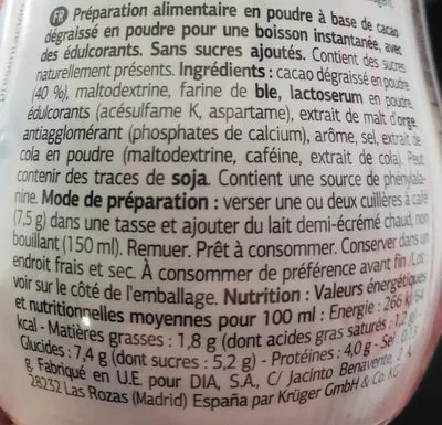 Lista de ingredientes del producto Vital - Cacao soluble 0% Dia 325 g