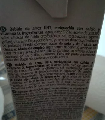 Lista de ingredientes del producto Bebida de arroz Vital Dia, Dia 1 l