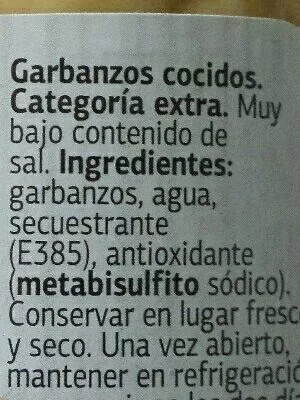 Lista de ingredientes del producto Garbanzos  540 g