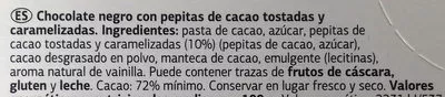 Lista de ingredientes del producto Delicious chocolate negro con pepitas de cacao caramelizadas Dia 100 g