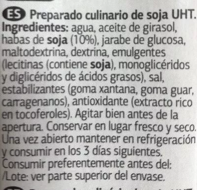 Lista de ingredientes del producto Nata de creme de soja Dia 