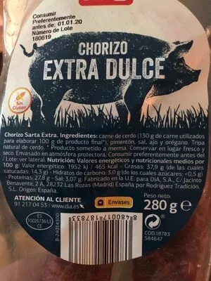 Lista de ingredientes del producto Chorizo sarta extra dulce Dia 280 g