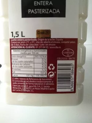 Lista de ingredientes del producto Leches fresca entera pasterizada Dia 1,5 l