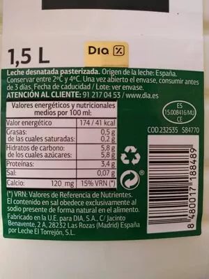 Lista de ingredientes del producto Leche fresca Desnatada Pasterizada Dia 1,5 L